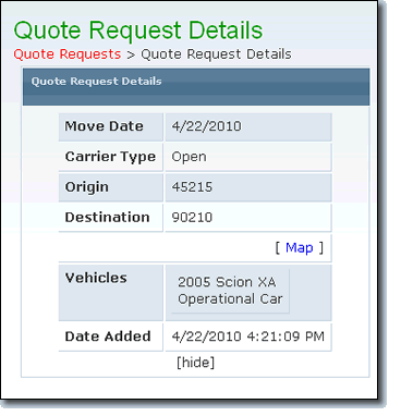 An example of your quote request details that a auto transport company sees.